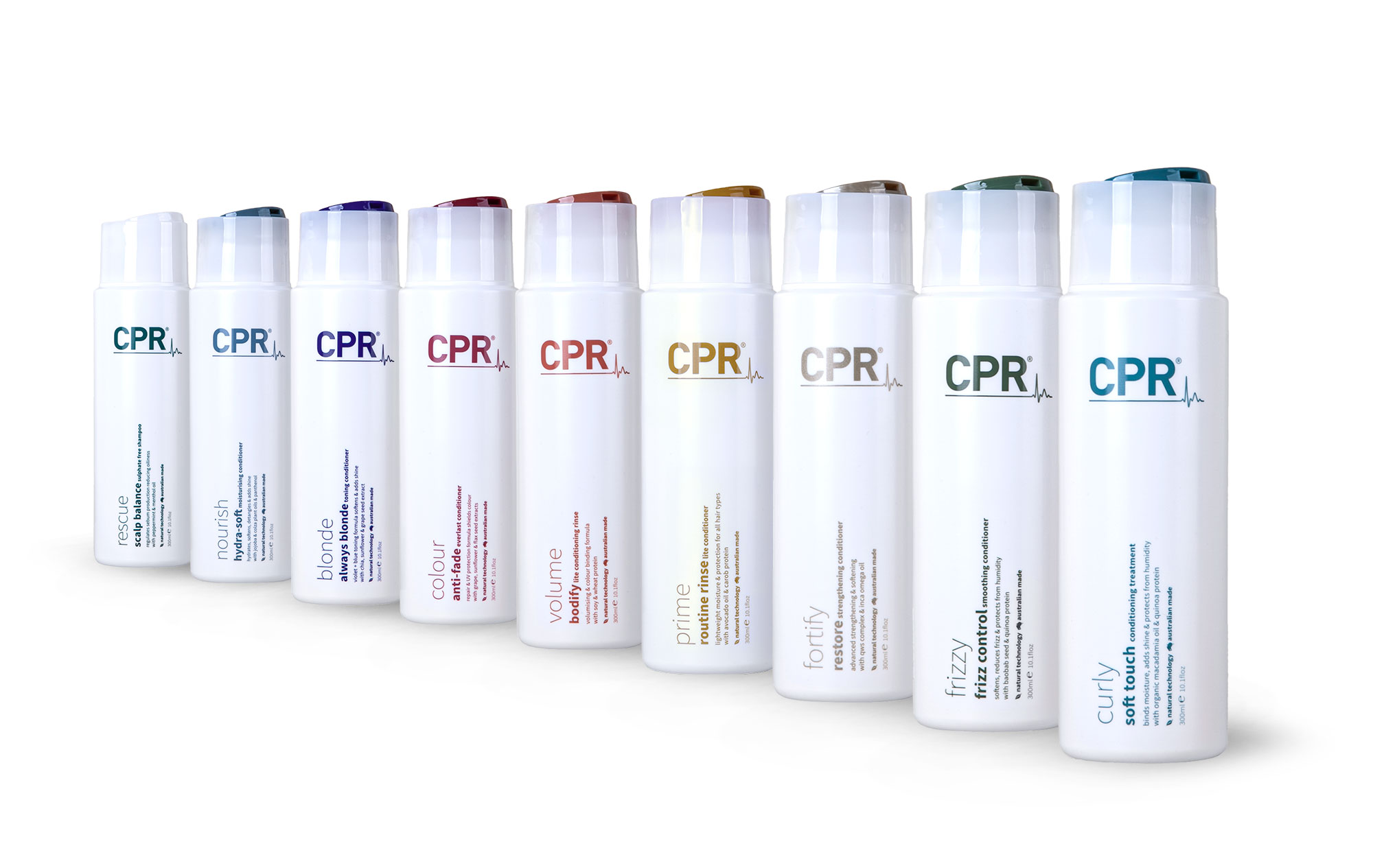 CPR Hair product range including shampoos, conditioners, treatments, and serums, designed for various hair care needs such as strengthening, nourishing, color protection, frizz control, and volume boosting.