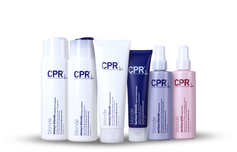 CPR Hair blonde hair care products featuring Bio-Active® Natural Technology. These products include violet and blue micro-pigments to neutralize yellow, brassy, and gold tones, enhancing both highlights and lowlights for perfect blonde hair.