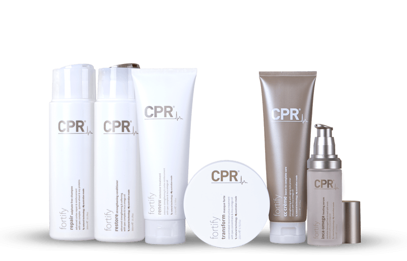 CPR Fortify hair care products including shampoo, conditioner, treatment, and serum, designed to strengthen and revitalize weak and damaged hair.