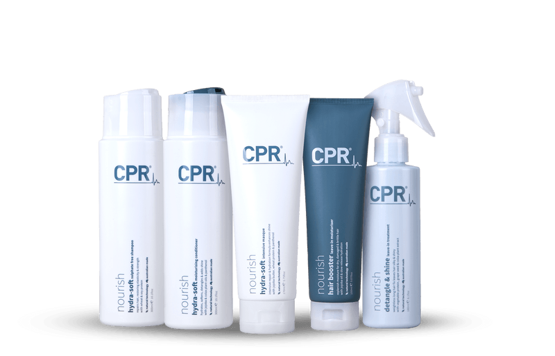 CPR Nourish hair care products including shampoo, conditioner, treatment, and serum, designed to nourish, moisturise and hydrate hair weak and damaged hair.