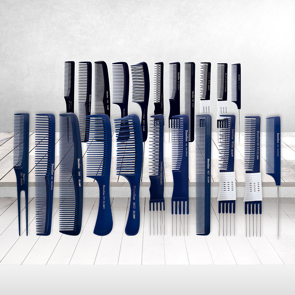 Dateline Professional Blue Celcon Combs Collection - High-quality, durable combs for professional hairstyling and grooming. Includes various styles like teasing combs, styling combs, and tail combs. Perfect for salons and personal use.