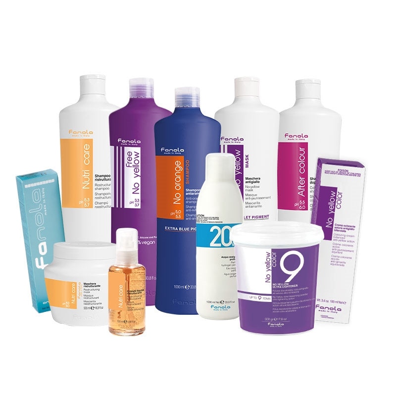 Fanola haircare products neatly arranged to showcase vibrant packaging and professional quality, exemplifying creativity and excellence.