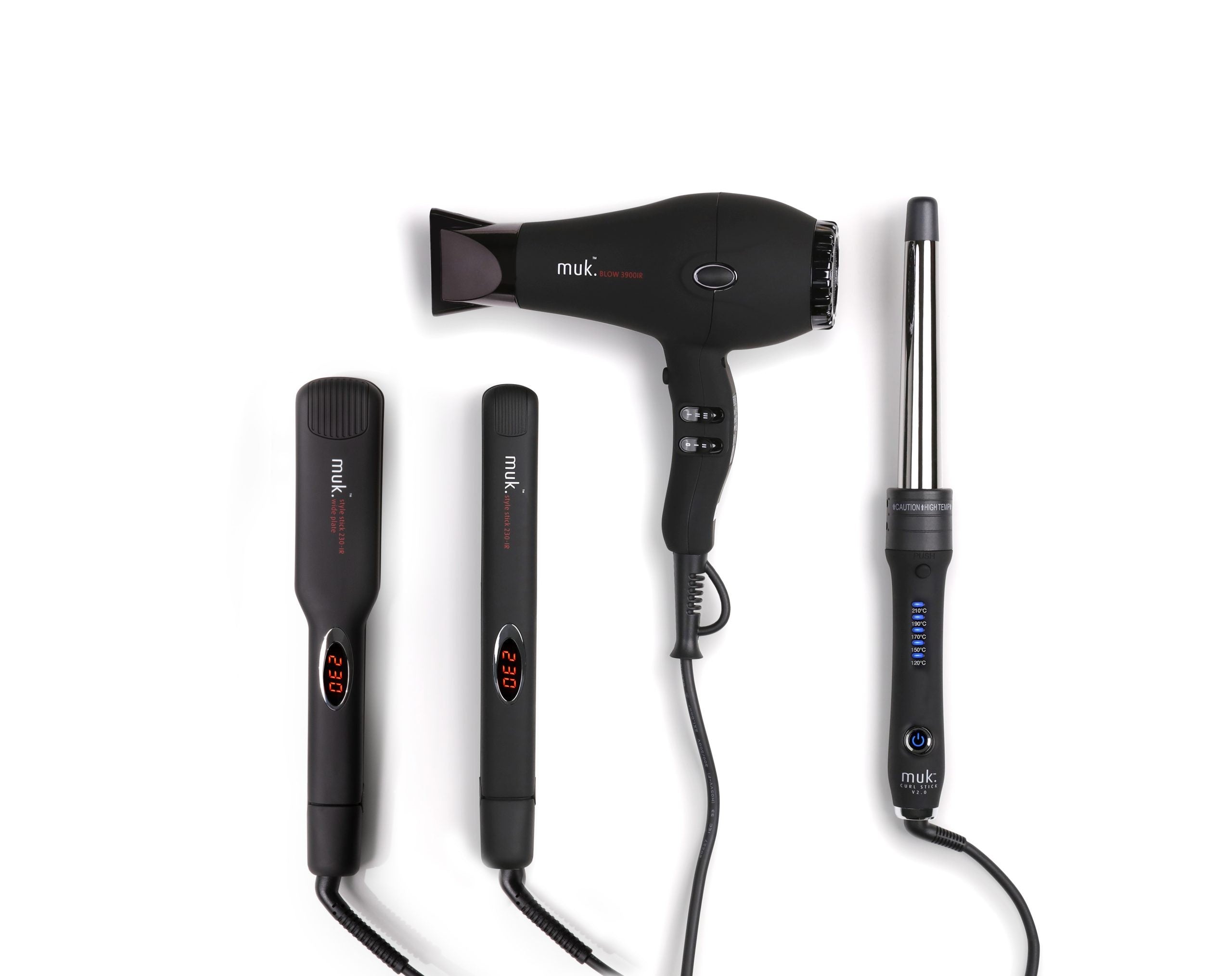 Collection of Muk Haircare electrical products including hairdryer, straighteners and curling wands