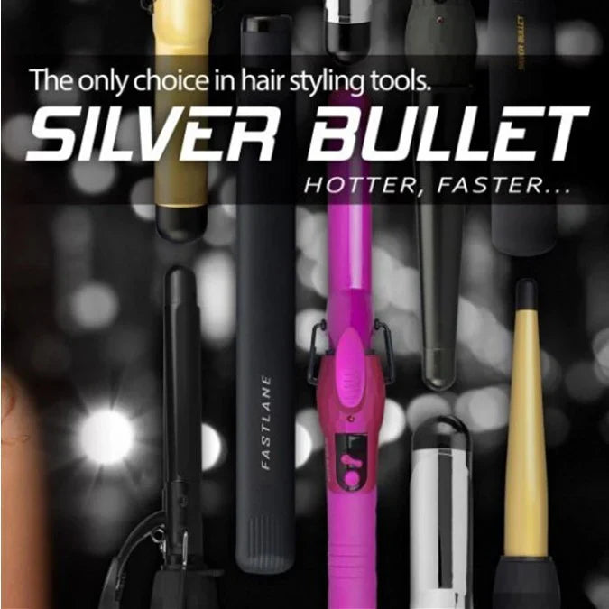 Silver Bullet professional hair styling tools including straighteners, curling irons, hot air brushes, trimmers and clippers on display.