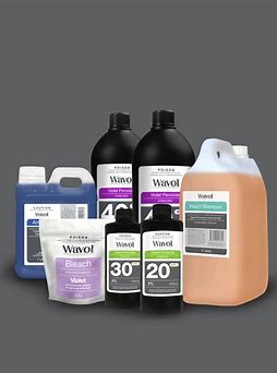 A collection of Wavol hair care products in sleek packaging, including shampoos, conditioners, treatments, and peroxides. Designed for salon-quality results, each product reflects Wavol's dedication to hair health and innovation.