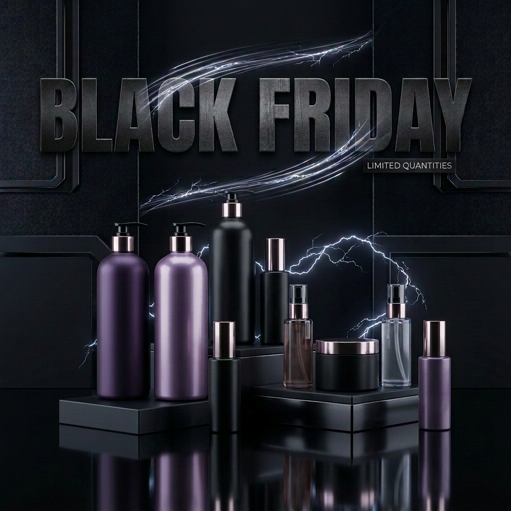 Black Friday haircare collection image with unbranded generic salon haircare products and a bold BLACK FRIDAY banner on a dark dramatic background