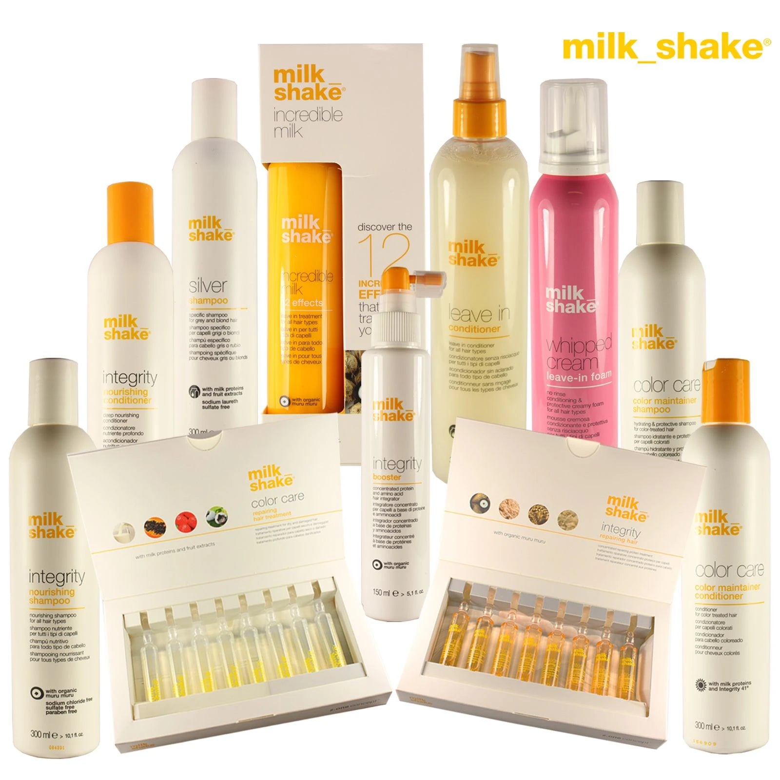 Milk_shake professional haircare products displayed with soft pastel packaging, including shampoos, conditioners, and treatments for all hair types