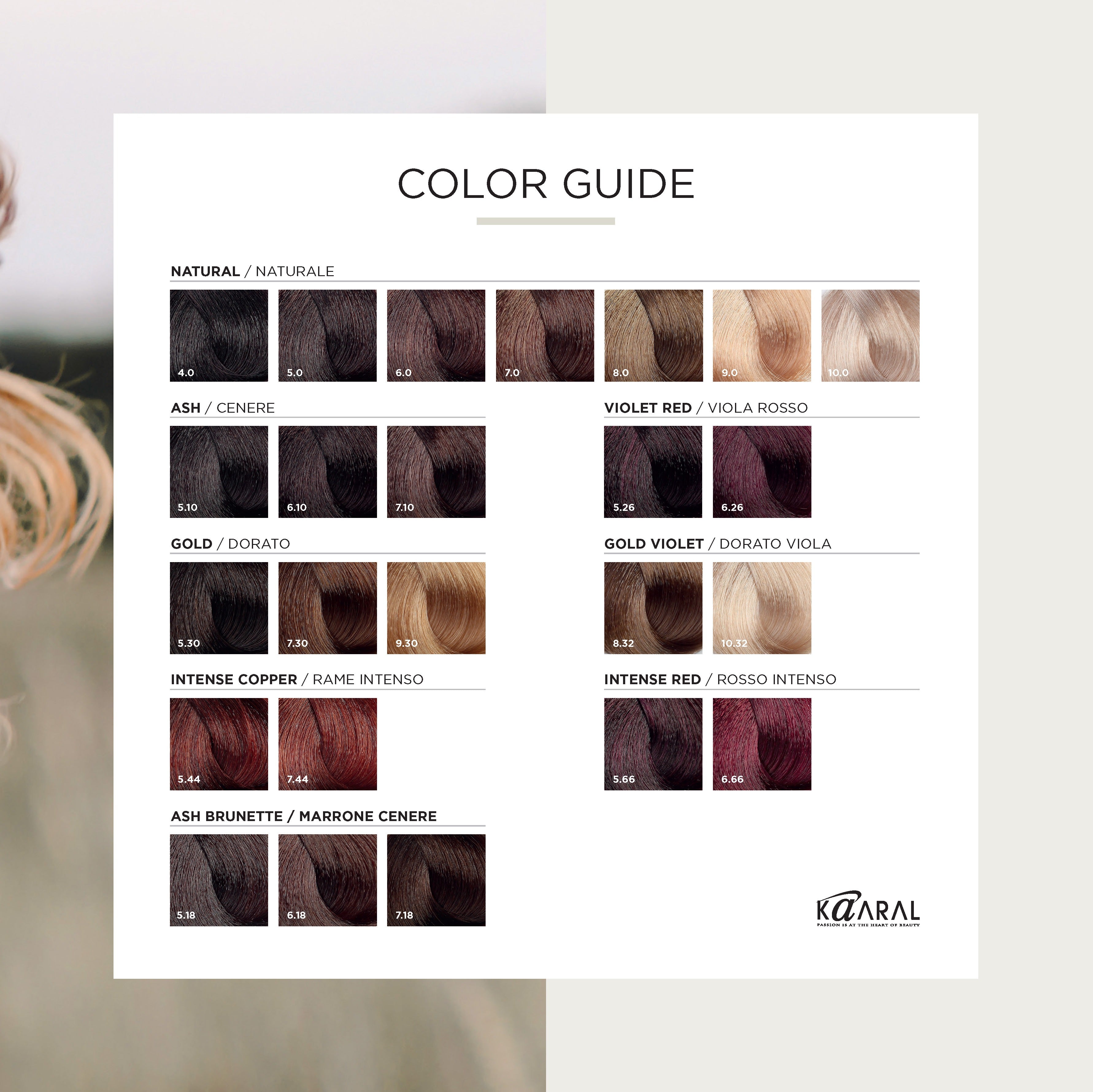 Hair color chart with various shades and KAARAL branding
