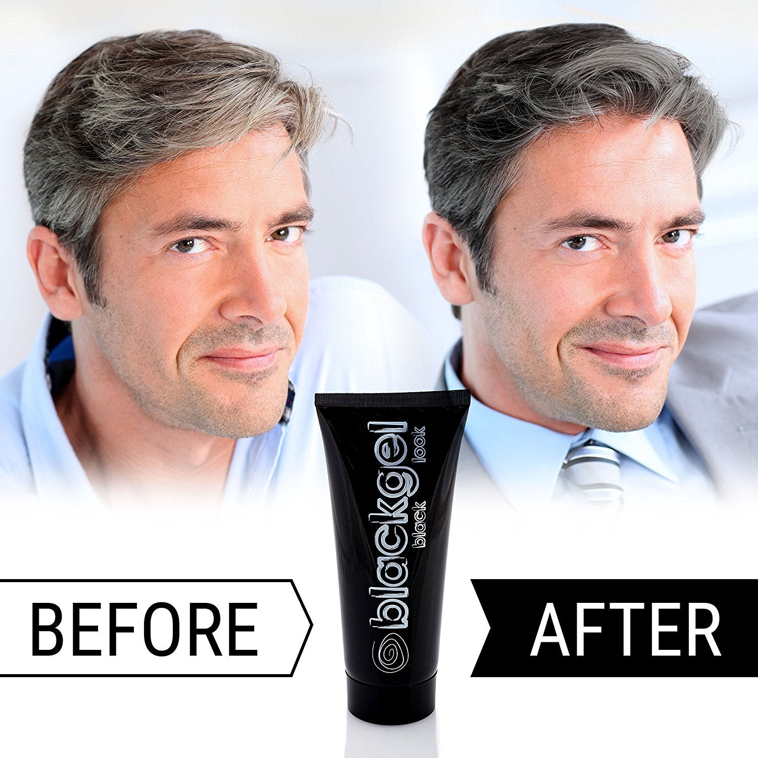 Before and after comparison of a man using BlackGel hair product.
