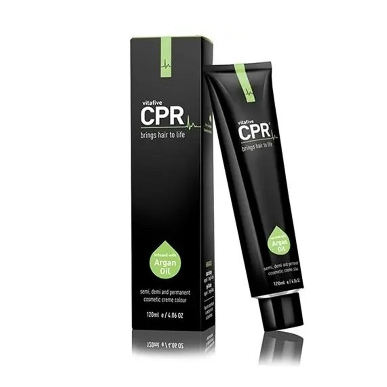 Vitafive CPR Permanent Hair Colour tube and retail box displayed on a white background, showcasing sleek black packaging with bold branding.