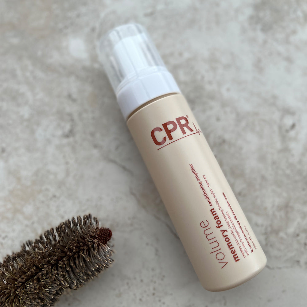 CPR Hair Memory Foam Conditioning Amplifier - Achieve body and volume with balanced pH 5.5, 230°C heat protection, and natural ingredients like soy and vegetable proteins. Perfect for soft, flexible hold and natural bounce. 180mL.