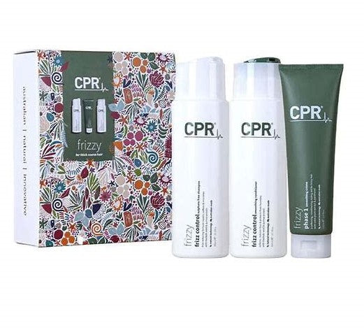 Three bottles of CPR Hair products from the Frizzy Trio Pack, arranged side by side on a white background. The bottles are labelled ‘Frizzy Shampoo,’ ‘Frizzy Conditioner,’ and ‘Frizzy Treatment,’ each with a distinct colour and design.