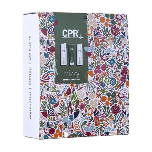 Gift Box of CPR Hair products from the Frizzy Trio Pack background. The gift box contains ‘CPR Frizzy Shampoo,’ ‘CPR Frizzy Conditioner,’ and ‘CPR Frizzy Treatment,’ box with  distinct colour and design.