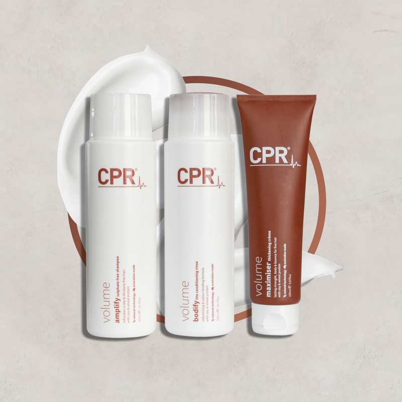 CPR Hair Volume Trio Pack - Amplify Sulphate Free Shampoo, Bodify Lite Conditioning Rinse, and Maximiser Thickening Crème with Organic Avocado Oil, Vitamin A, B5 & E, and Carob Protein for voluminous, healthy hair.