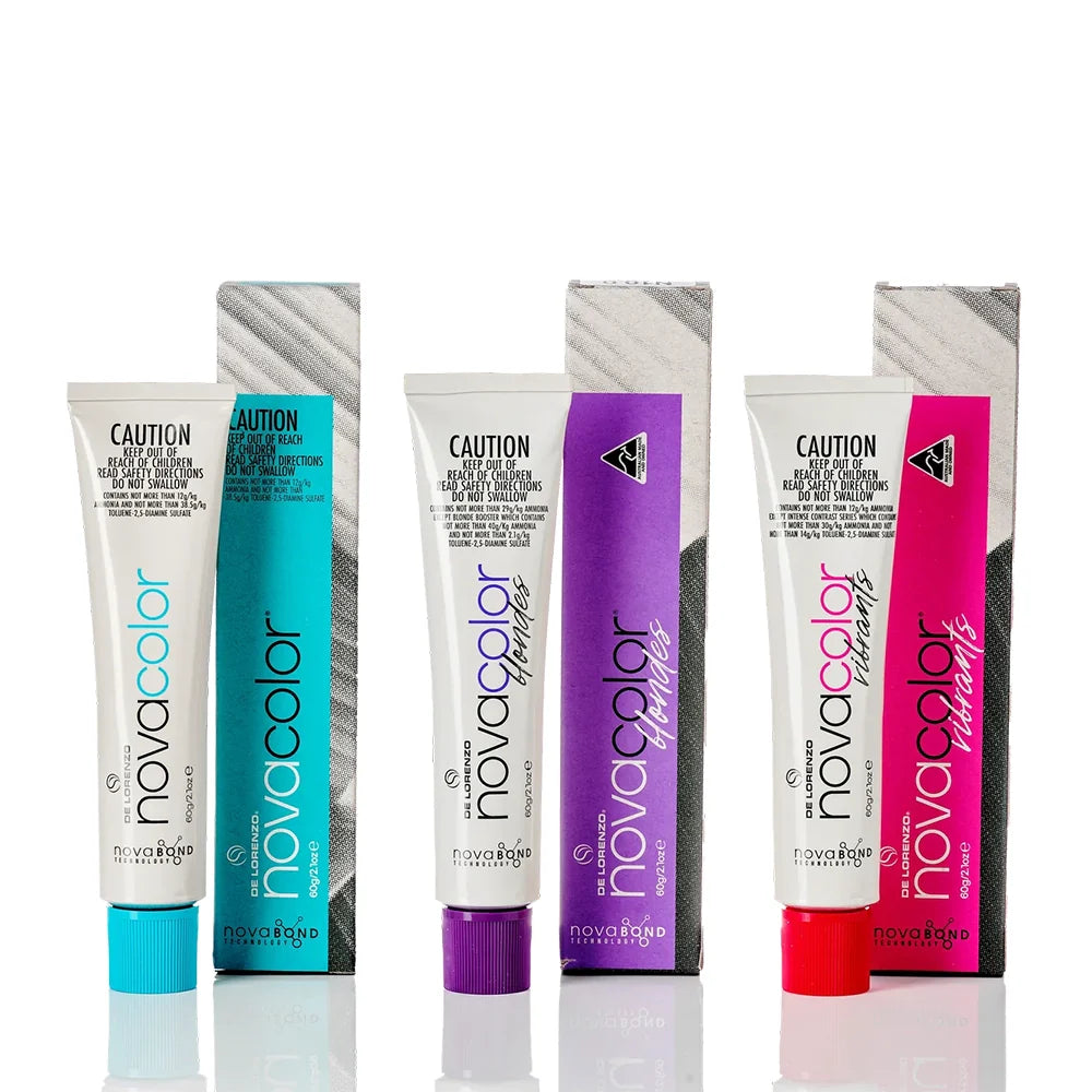 Collection of NovaColor hair color product tubes on a white background