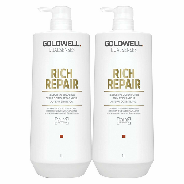 two bottles of Goldwell Dualsenses Rich repair shampoo and conditioner.  This is a combination one litre shampoo and one litre of conditioner as a bundle offer