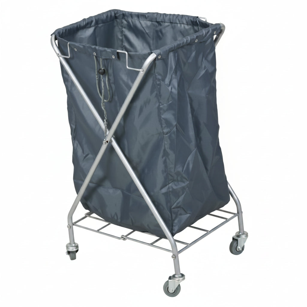 Gray laundry basket with wheels on a white background