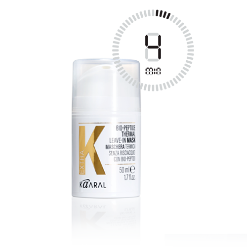Kaaral Bio-Peptide Thermal Leave-In Mask bottle with a timer icon on a white background showing  this product works in 4 minutes