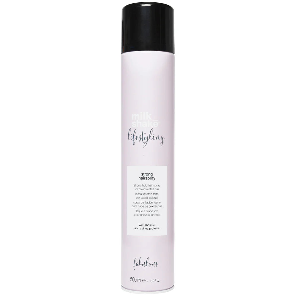 Milkshake strongHair spray bottle with black cap and white label on a white background