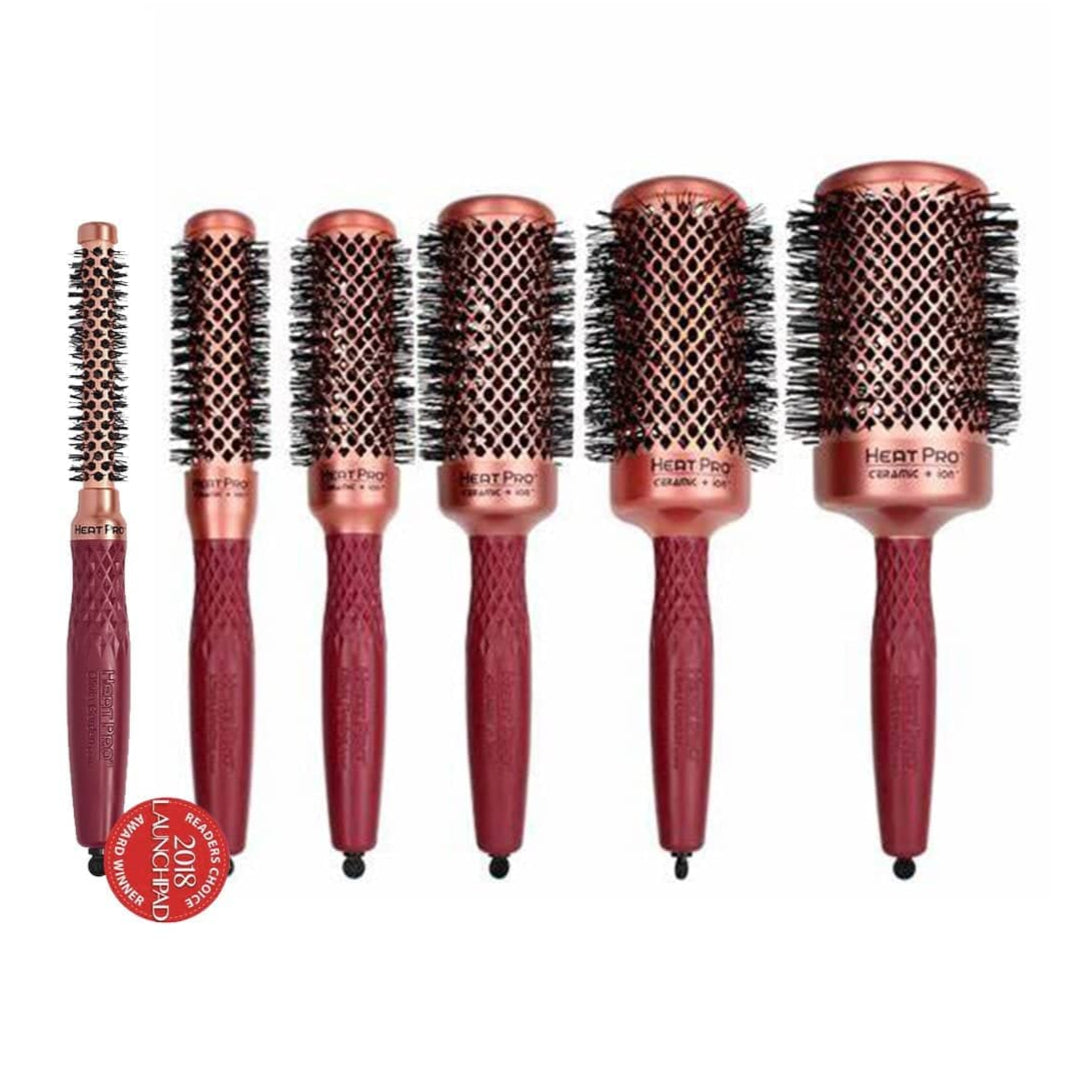 Olivia Garden HeatPro Round Thermal Brushes displayed in various sizes, featuring advanced Copper Ceramic Technology, Nylgard™ bristles, and an ergonomic design, ideal for quick drying and professional styling for all hair types