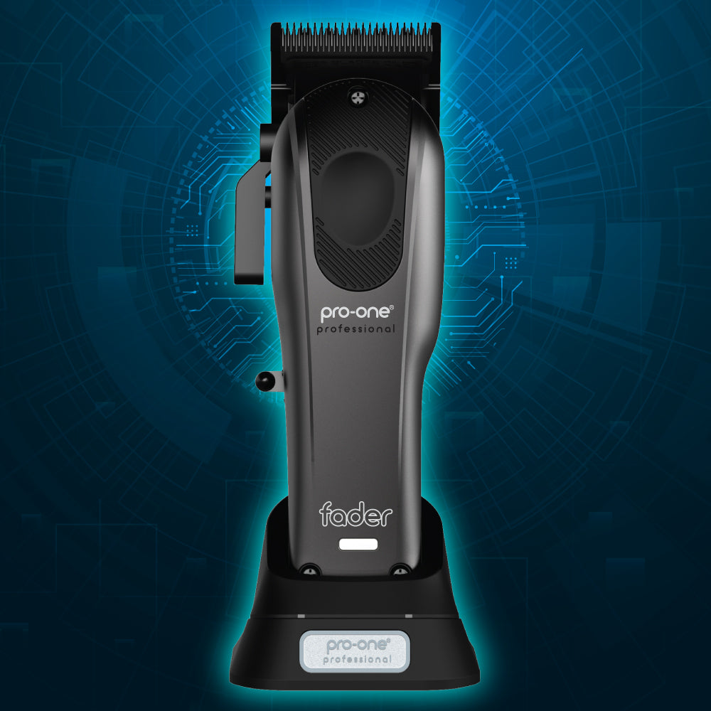 Hair clipper with 'fader' branding on a blue technical background