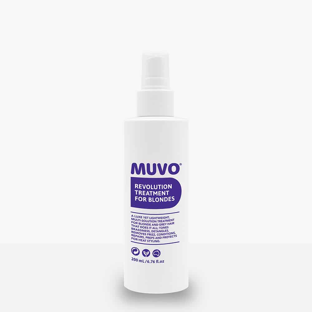 Muvo Revolution Treatment for Blondes a lightweight, multi-solution treatment for blonde and grey hair that does it all; tones brassiness, detangles, removes frizz, conditions, repairs, preps and protects heat styling.