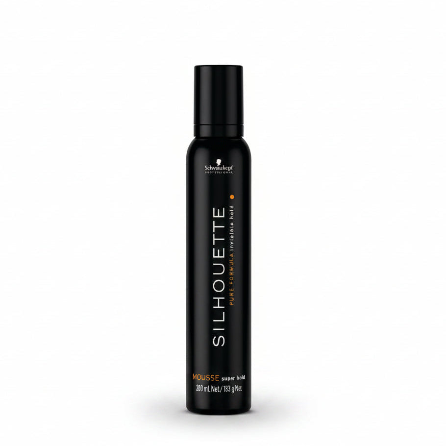 A black cylindrical bottle of Schwarzkopf Silhouette Super Hold Mousse on a plain white background.