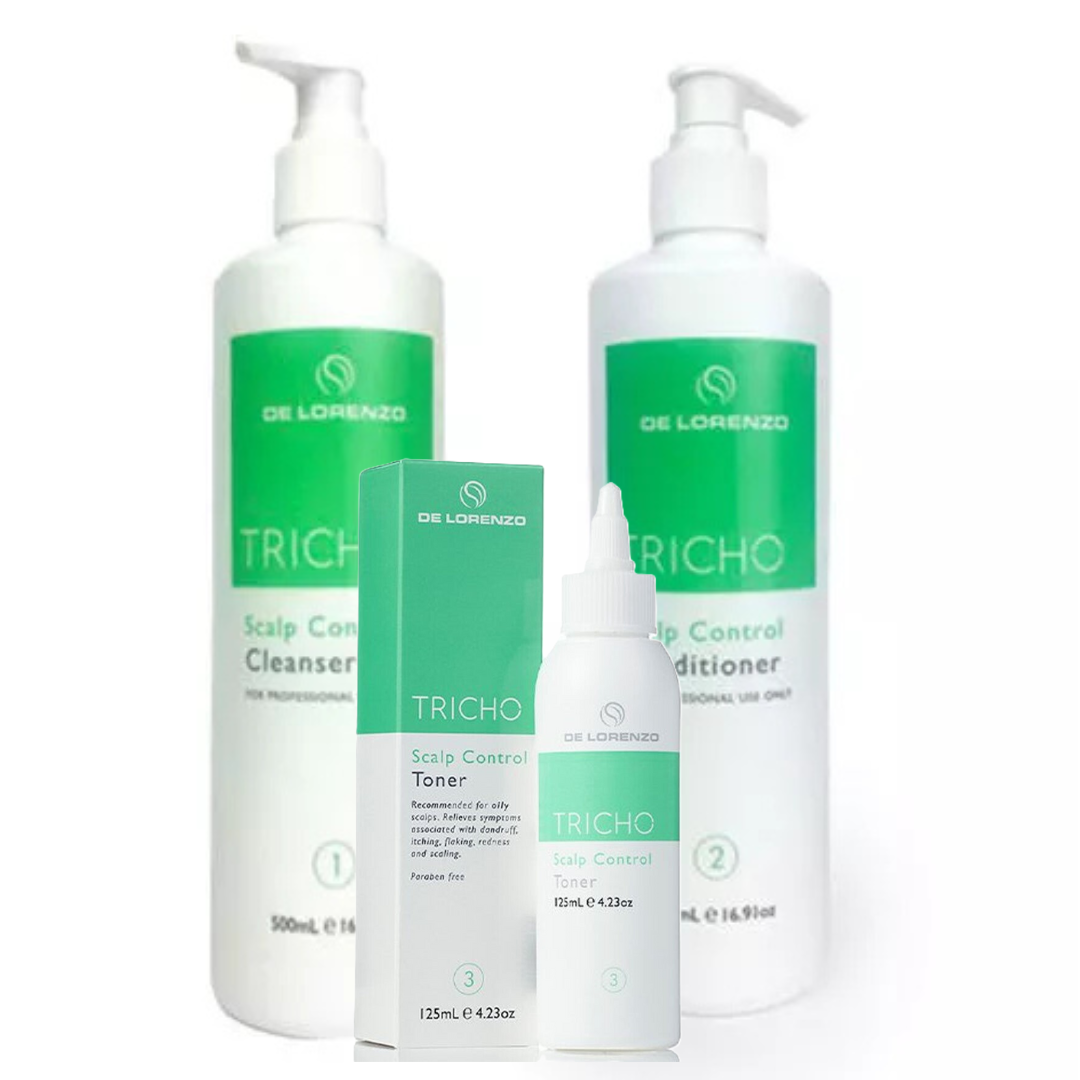 DeLorenzo's Tricho scalp care pack for oily hair.  This pack contains a trich cleanser, Tricho Conditioner and Tricho Toner.  Large bulk sizes for regular use