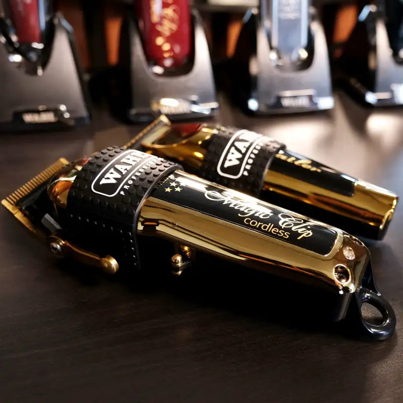 Wahl clipper grips on trimmer on a dark surface with blurred background 