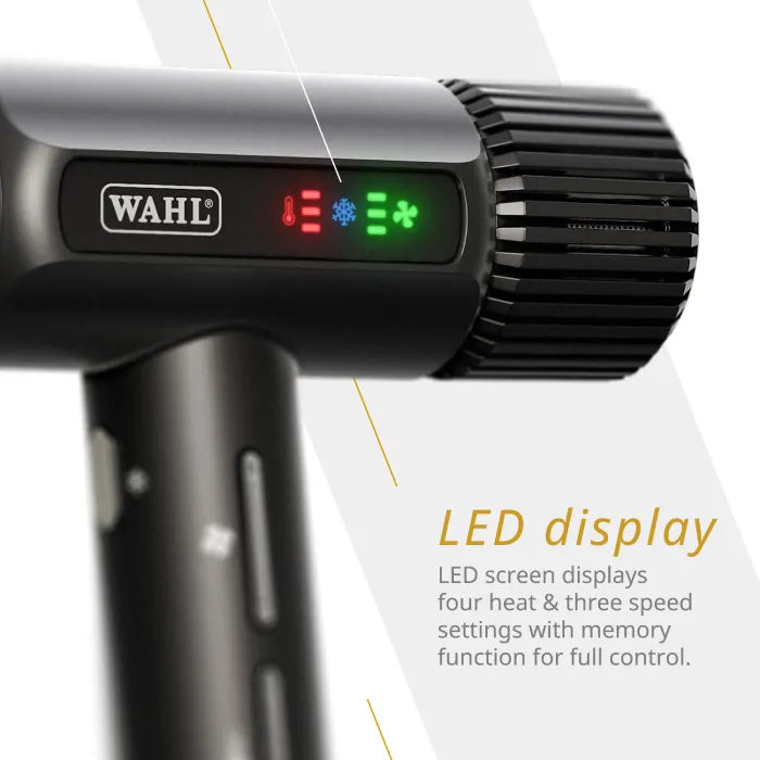 Wahl hair dryer with LED display on a white background