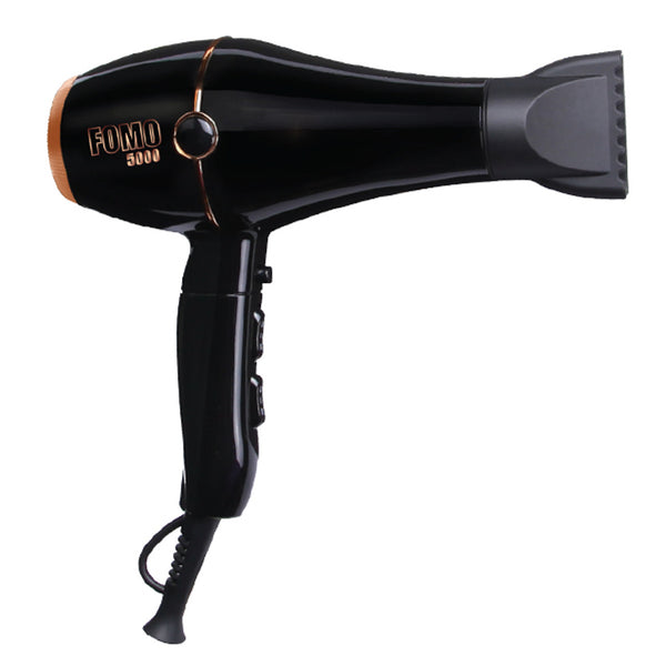 The FOMO 5000 Professional Hair Dryer combines style, performance, and convenience. With its unique black and gold design, this lightweight hair dryer is a must-have for salon professionals and home users alike