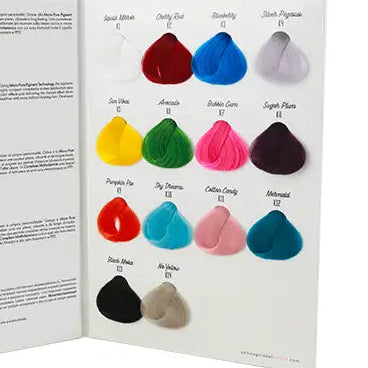 Color swatch book with various colored samples on a white background
