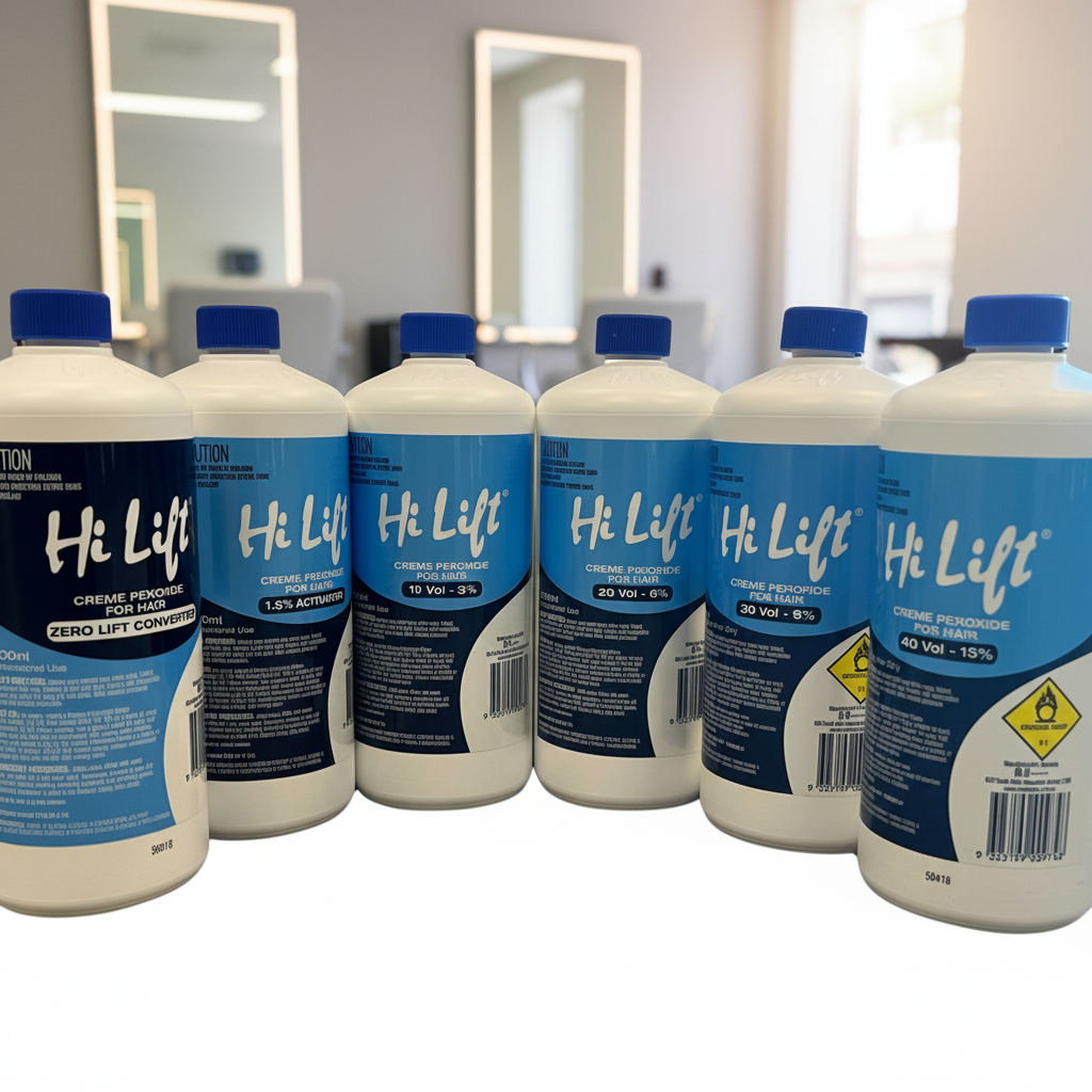 Multiple bottles of Hi Lift peroxides and developers products on a white salon background