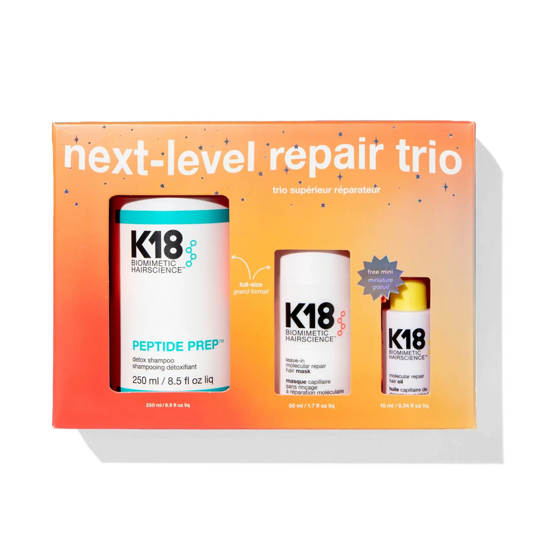 K18 biomimetic hairscience next level repair trio set peptide prep, molecular repair hair mask, molecular repair hair oil  salon essentials