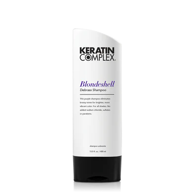 a bottle of keratin complex blondeshell debrass shampoo in 400ml size