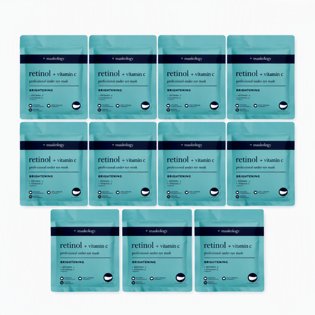 Twelve identical teal and navy single-use retinol + vitamin C eye mask packets arranged in a grid on a plain white background.