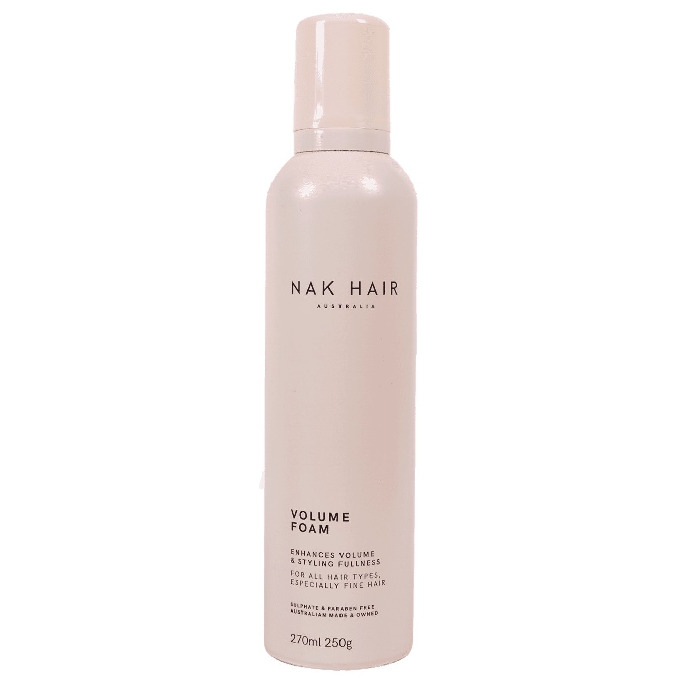 NAK Volume Foam 250g bottle, featuring its lightweight, volumising formula designed to thicken and style hair with a firm yet natural hold, suitable for all hair types.