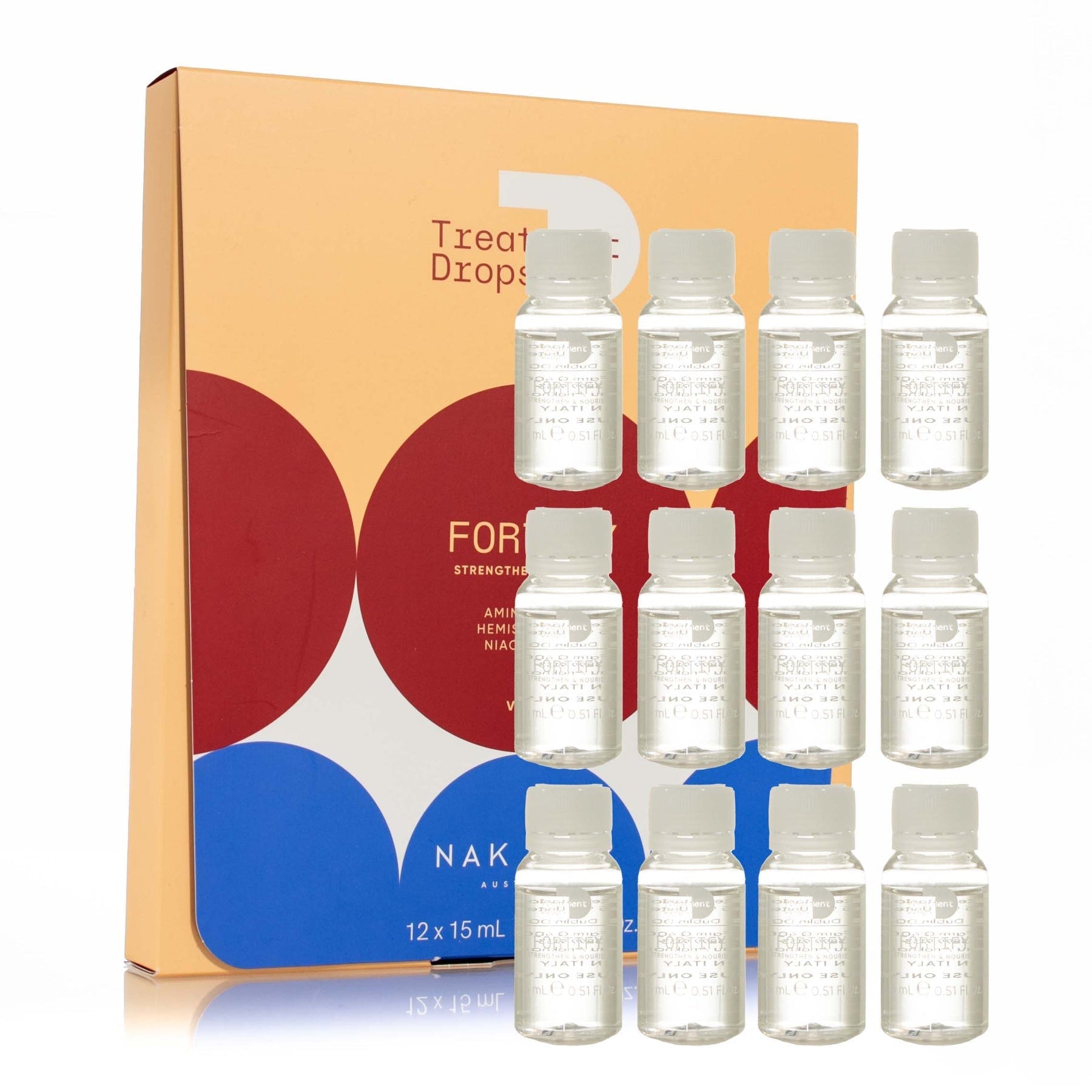 A boxed set of 12 small clear treatment dropper vials arranged in front of a peach, red, white, and blue product box on a white background.