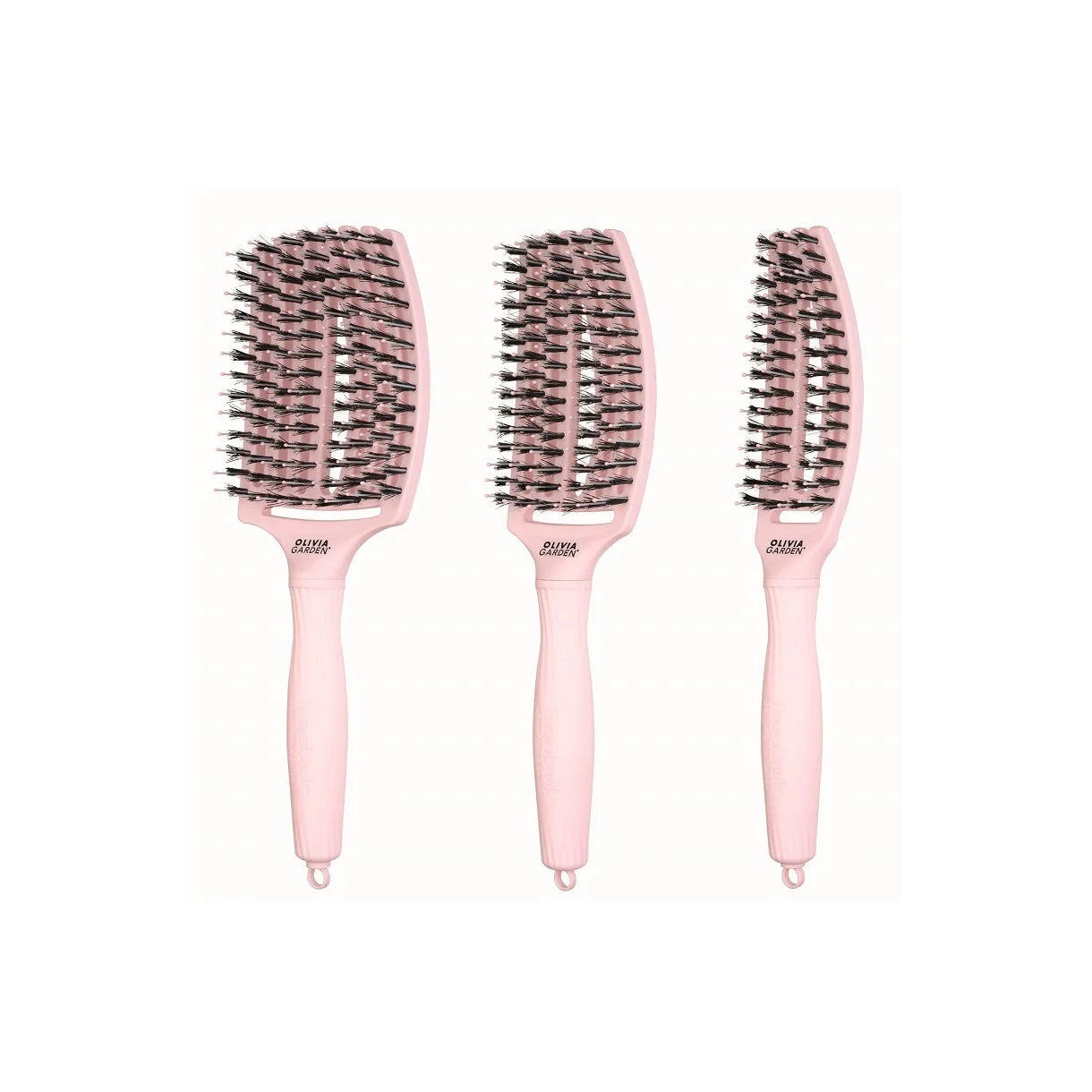 Olivia Garden FingerBrush Combo with a curved, vented paddle design, featuring ionic and 100% boar bristles for smooth, frizz-free styling and scalp comfort.