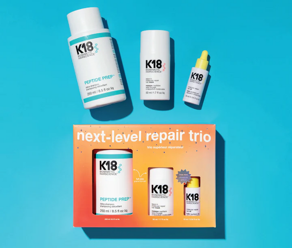 K18 biomimetic hairscience next level repair trio set peptide prep, molecular repair hair mask, molecular repair hair oil salon essentials