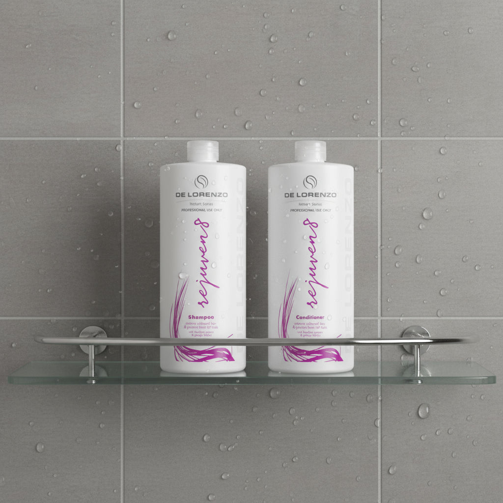 Two bottles of De Lorenzo Rejuven8 shampoo and conditioner on a shower shelf 