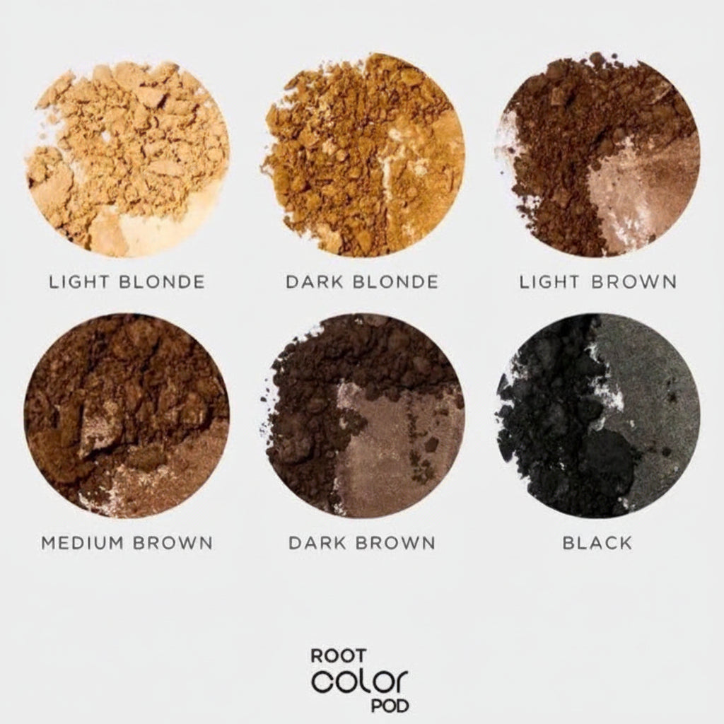 Six circular powder swatches arranged in two rows on a light gray background, labeled Light Blonde, Dark Blonde, Light Blonde, Medium Brown, Dark Brown, and Black. The Root Color Pod logo appears at the bottom.