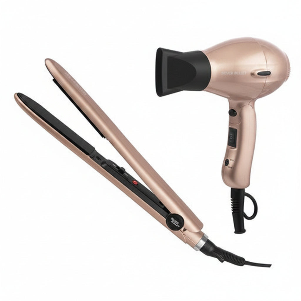 Rose gold hair straightener and hair dryer on a white background