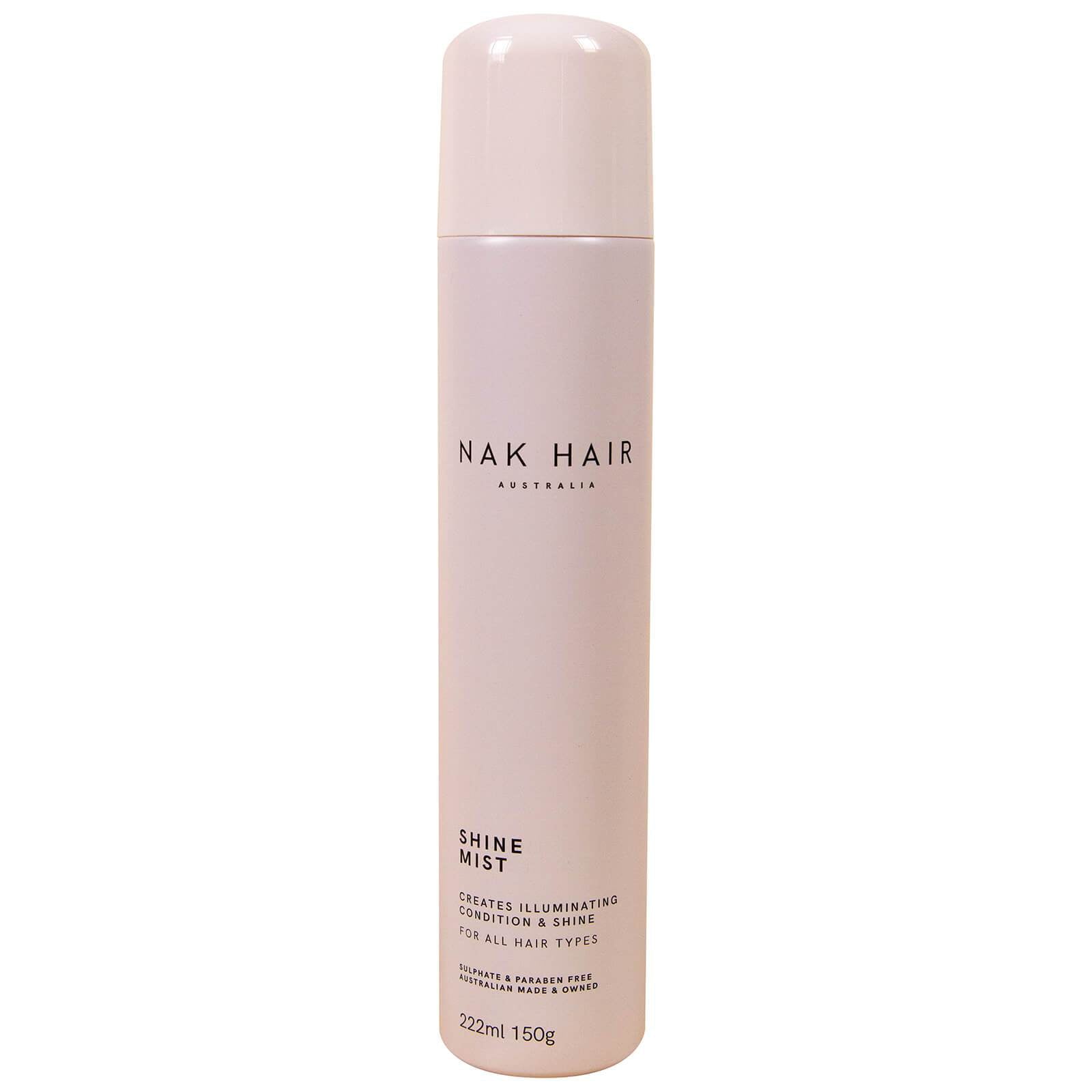 Image of NAK Shine Mist 150g, a lightweight conditioning mist designed to deliver radiant shine and lustre to hair. The product is in a sleek silver spray can with minimalist branding.