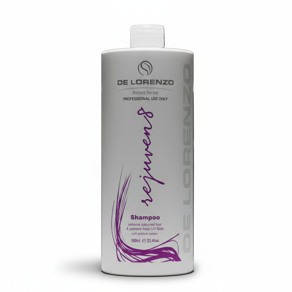 A 960ml bottle of De Lorenzo Instant Rejuven8 Shampoo with a pump dispenser, predominantly white in color with purple accents and text.